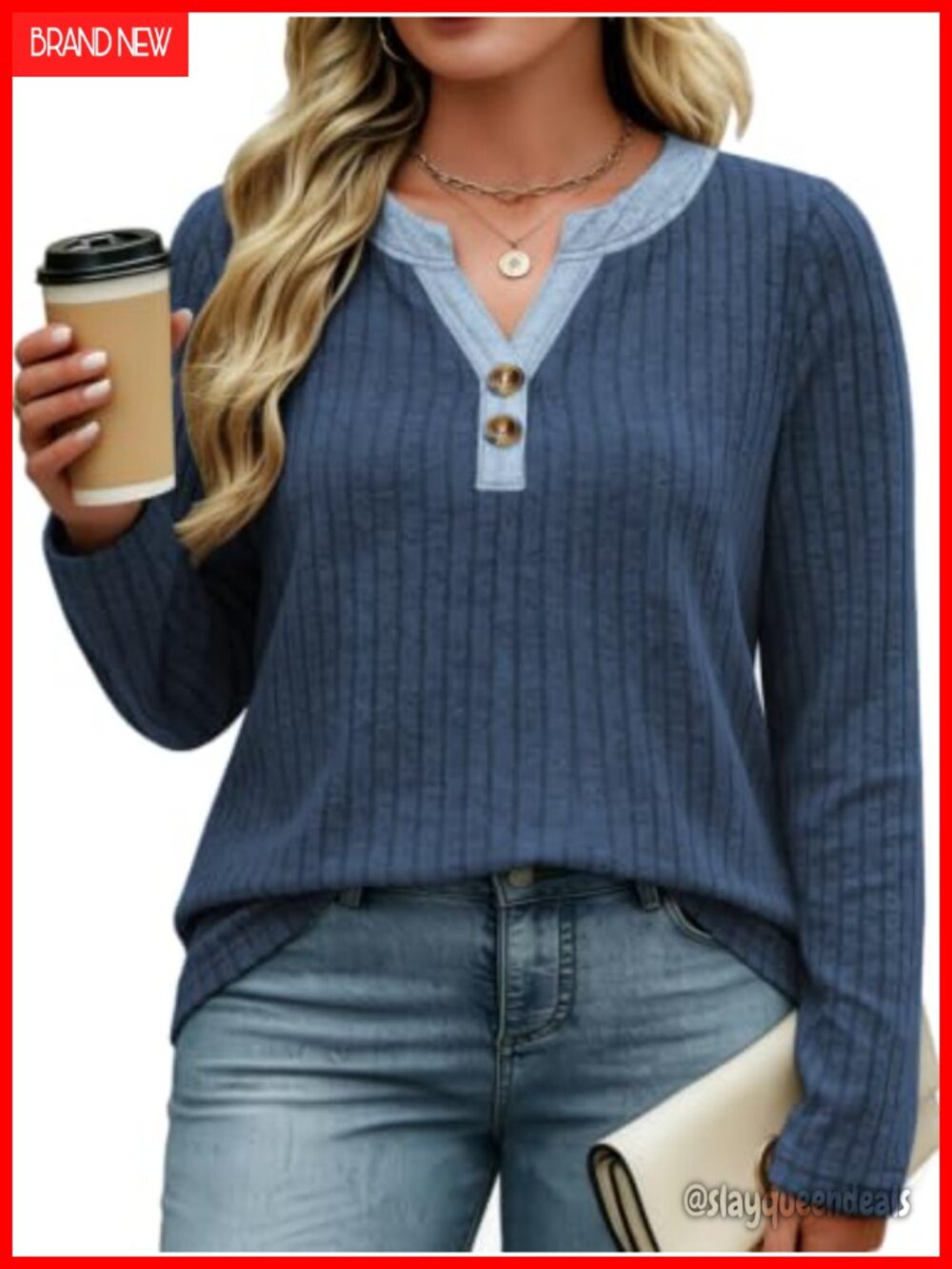 Women's Plus Size Long Sleeve V-Neck Tunic Top with Front Buttons